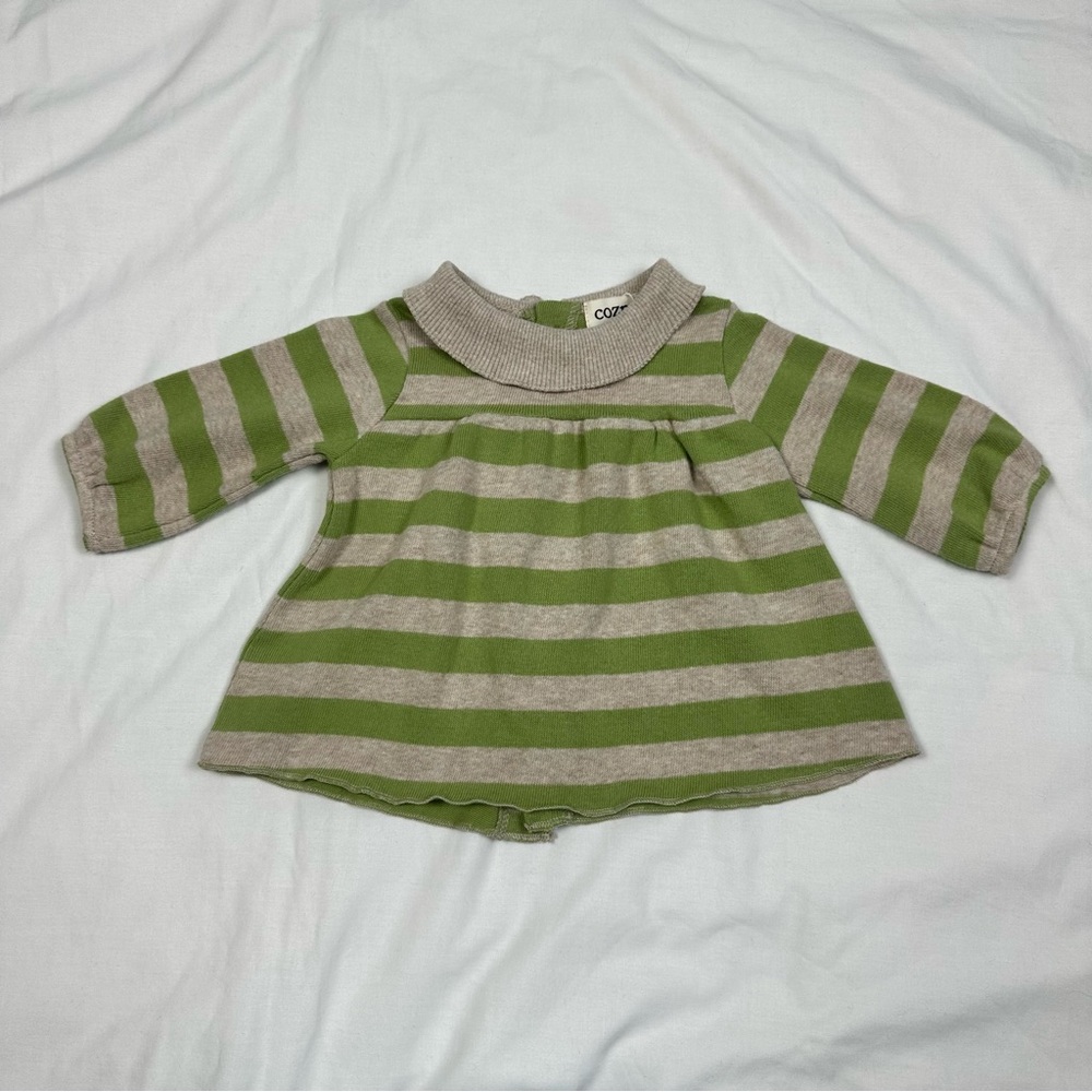 [12] NWTs Cozmo Green Beige Striped Babygirl Dress